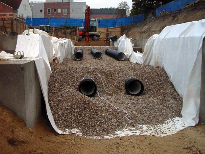 Kunststoffrohre DN700 als Regenwasserspeicher unter einer Wohnanlage in HH-Eppendorf